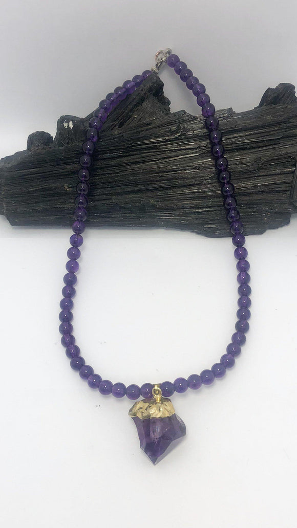 16 Inch Amethyst Beaded Necklace with Amethyst Crystal Pendant - Infinite Treasures, LLC