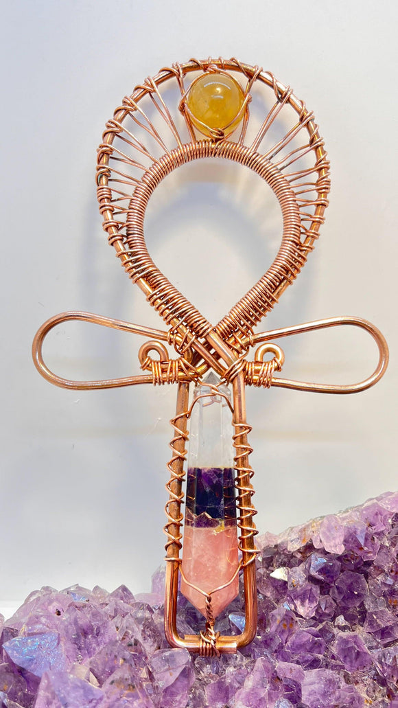 Amethyst, Rose Quartz and Clear Quartz with Golden Healer Handheld Ankh - Infinite Treasures, LLC