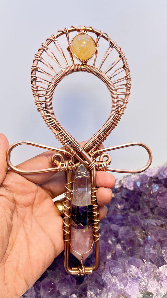 Amethyst, Rose Quartz and Clear Quartz with Golden Healer Handheld Ankh - Infinite Treasures, LLC