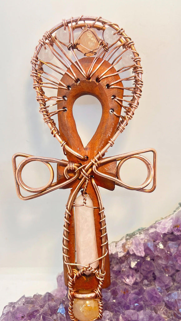 hand carved cherry wood ankh with rose quartz and beta quartz 