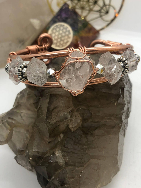 Herkimer Diamond with Herkimer Side Stones Handmade Copper Wirewrapped Bangle Bracelet - Infinite Treasures, LLC