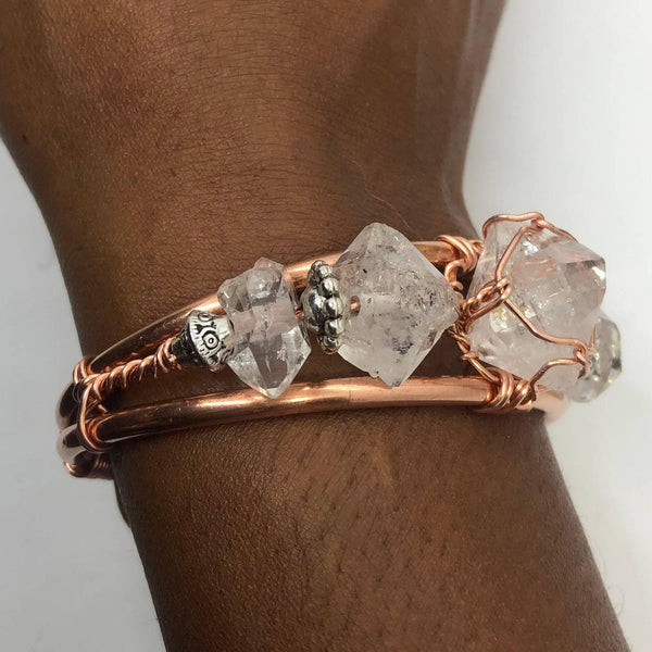 Herkimer Diamond with Herkimer Side Stones Handmade Copper Wirewrapped Bangle Bracelet - Infinite Treasures, LLC