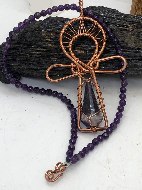 17 inch Amethyst Necklace with Amethyst Crystal Ankh Pendant Copper Necklace - Infinite Treasures, LLC