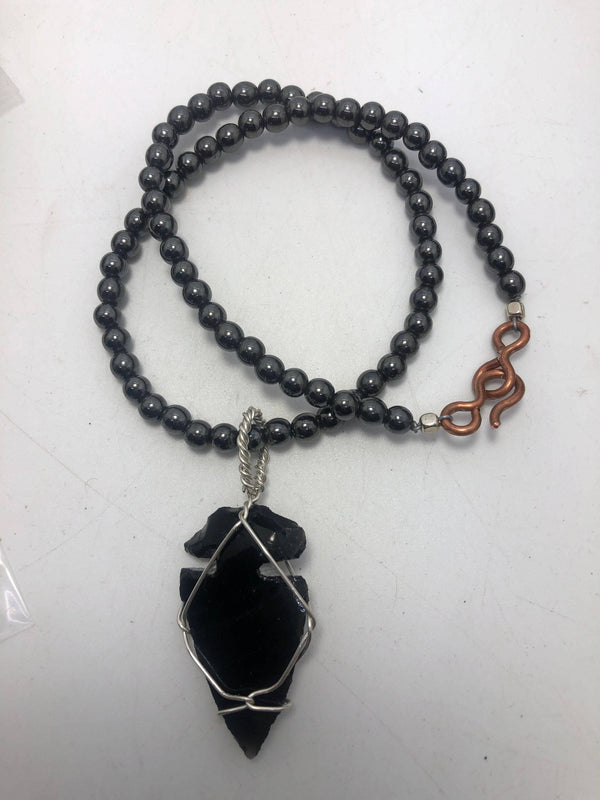 18 inch 6mm Hematite Beaded necklace with Apache Tear Obsidian Pendant - Infinite Treasures, LLC