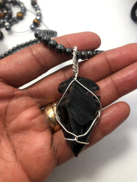 18 inch 6mm Hematite Beaded necklace with Apache Tear Obsidian Pendant - Infinite Treasures, LLC