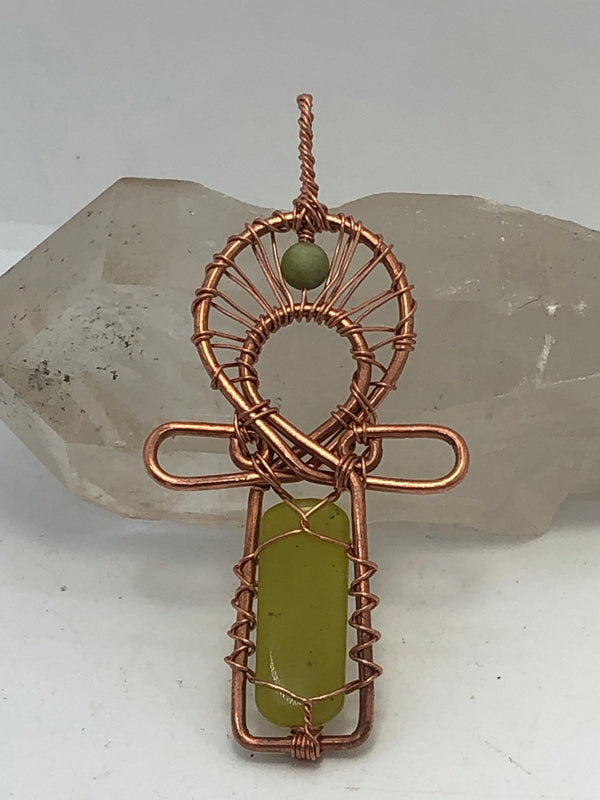 Jade Copper Egyptian Kemetic Coptic Cross  Ankh Wirewrapped Wearable Pendant Necklace - Infinite Treasures, LLC