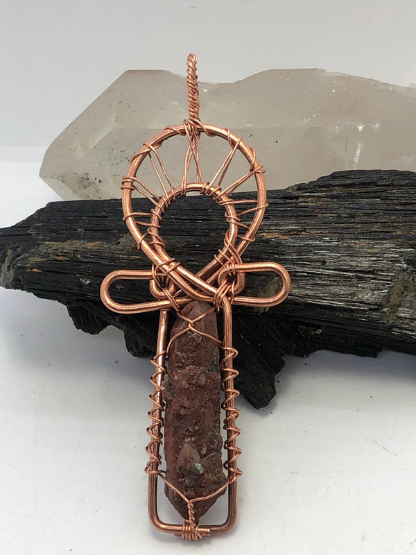 Hematoid Red Quartz Copper Egyptian Kemetic Coptic Cross  Ankh Wirewrapped Wearable Pendant Necklace - Infinite Treasures, LLC