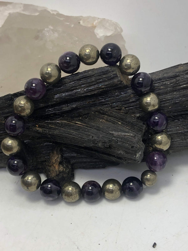 Men's Amethyst and Pyrite Stretchy Bracelet - Infinite Treasures, LLC