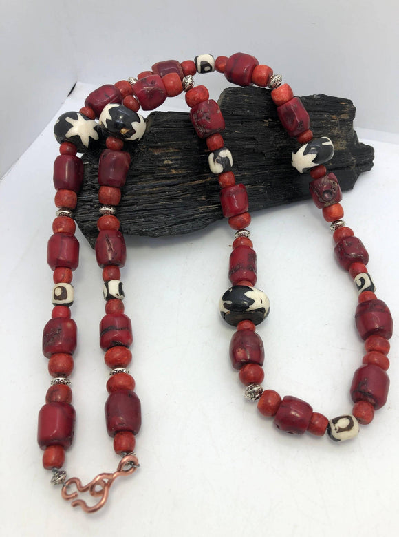 34 inch Red Coral and African Bone Beads Beaded Necklace - Infinite Treasures, LLC