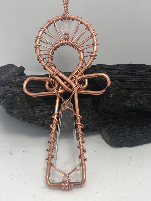 Crystal Quartz “blade”shaped Egyptian Kemetic Coptic Cross Copper Ankh Wirewrapped Pendant Necklace - Infinite Treasures, LLC