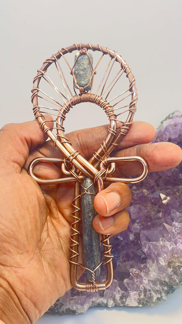 Blue Kyanite and Sapphire Copper POCKET Ankh - Infinite Treasures, LLC