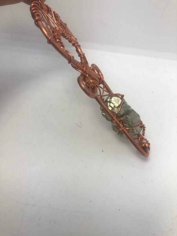 Pyrite Dodecahedron and Copper Egyptian Kemetic Coptic Cross Ankh Wirewrapped Wearable Pendant - Infinite Treasures, LLC