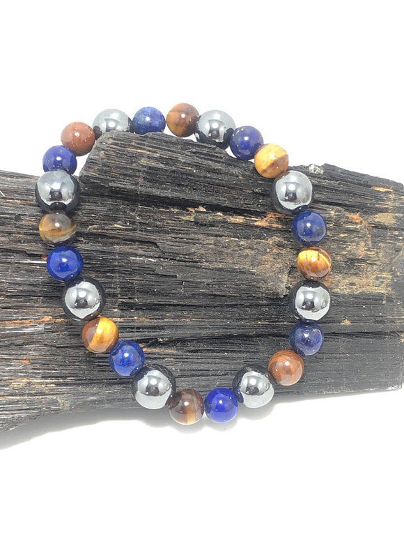 Pyrite “Fools Gold” , Tigers Eye, Lapis Lazuli Stretchy Bracelet - Infinite Treasures, LLC