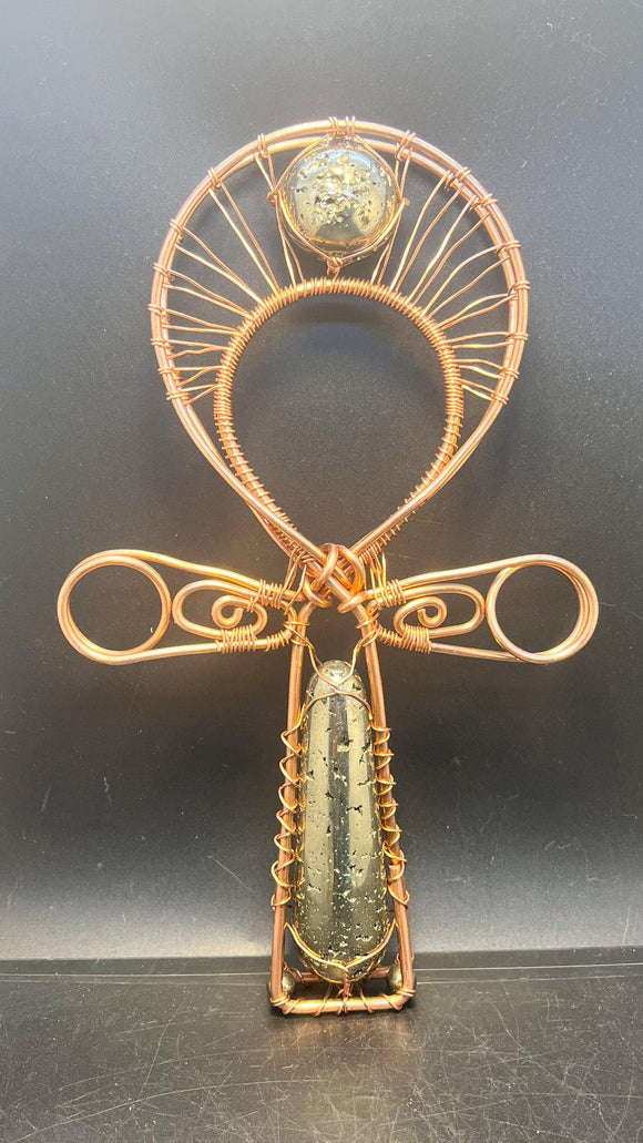 Pyrite Wand and Sphere Handheld Copper Ankh - Infinite Treasures, LLC