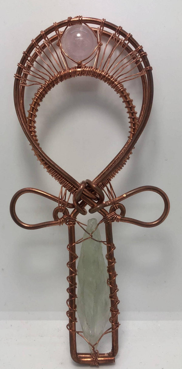 Rose Quartz and Green Quartz Copper crystal healing synergy reiki healing Ankh - Infinite Treasures, LLC