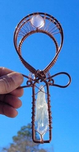 Rose Quartz and Green Quartz Copper crystal healing synergy reiki healing Ankh - Infinite Treasures, LLC