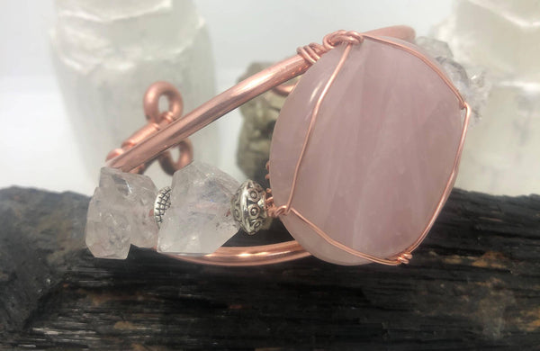 Rose Quartz and Herkimer Diamond from Morocco Handmade Copper Wirewrapped Bangle Bracelet - Infinite Treasures, LLC