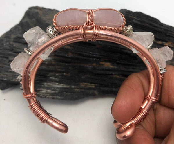 Rose Quartz and Herkimer Diamond from Morocco Handmade Copper Wirewrapped Bangle Bracelet - Infinite Treasures, LLC