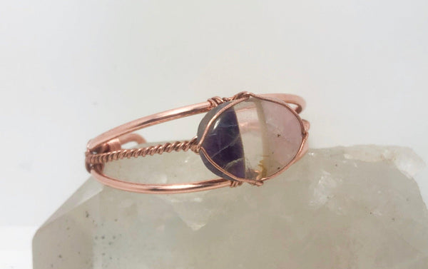 Rose Quartz, Clear Quartz and Amethyst  Copper Wirewrapped Bangle Bracelet - Infinite Treasures, LLC