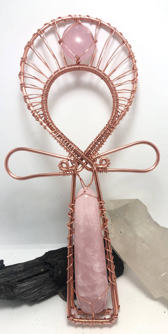 Large 12 Inch Rose Quartz Copper crystal healing synergy reiki healing Ankh - Infinite Treasures, LLC