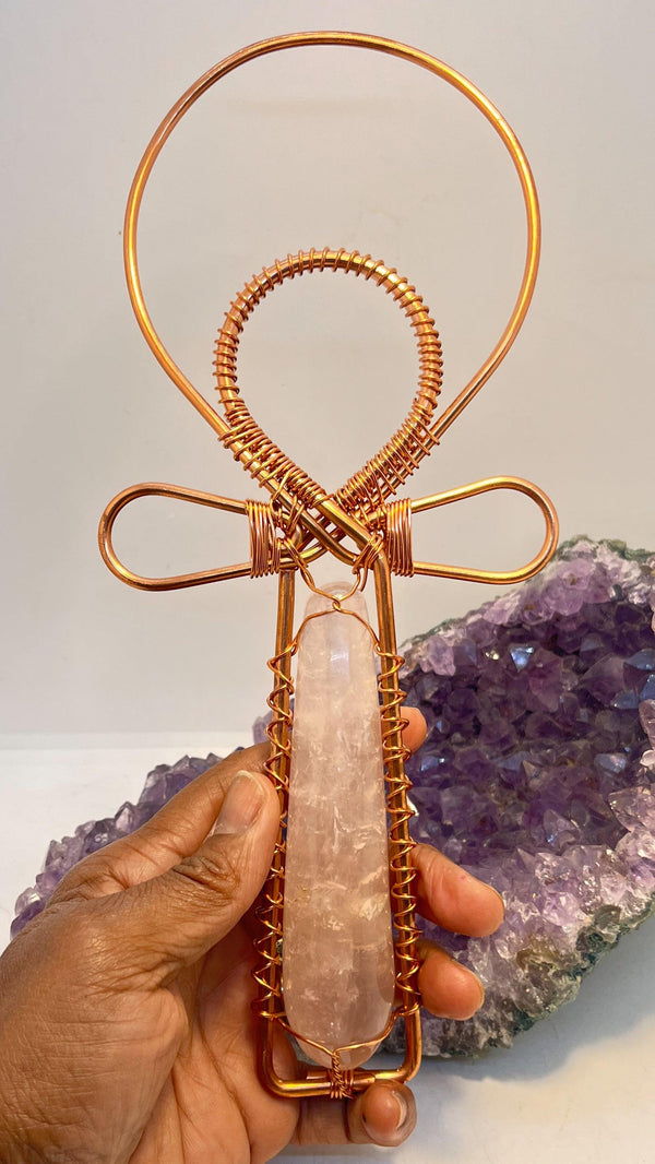 Rose Quartz Copper Handheld Ankh - Infinite Treasures, LLC