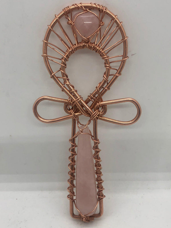 Rose Quartz Wand and Heart Copper Pocket Ankh 5 1/2 x 2 1/2 inch Egyptian Kemetic Ankh - Infinite Treasures, LLC