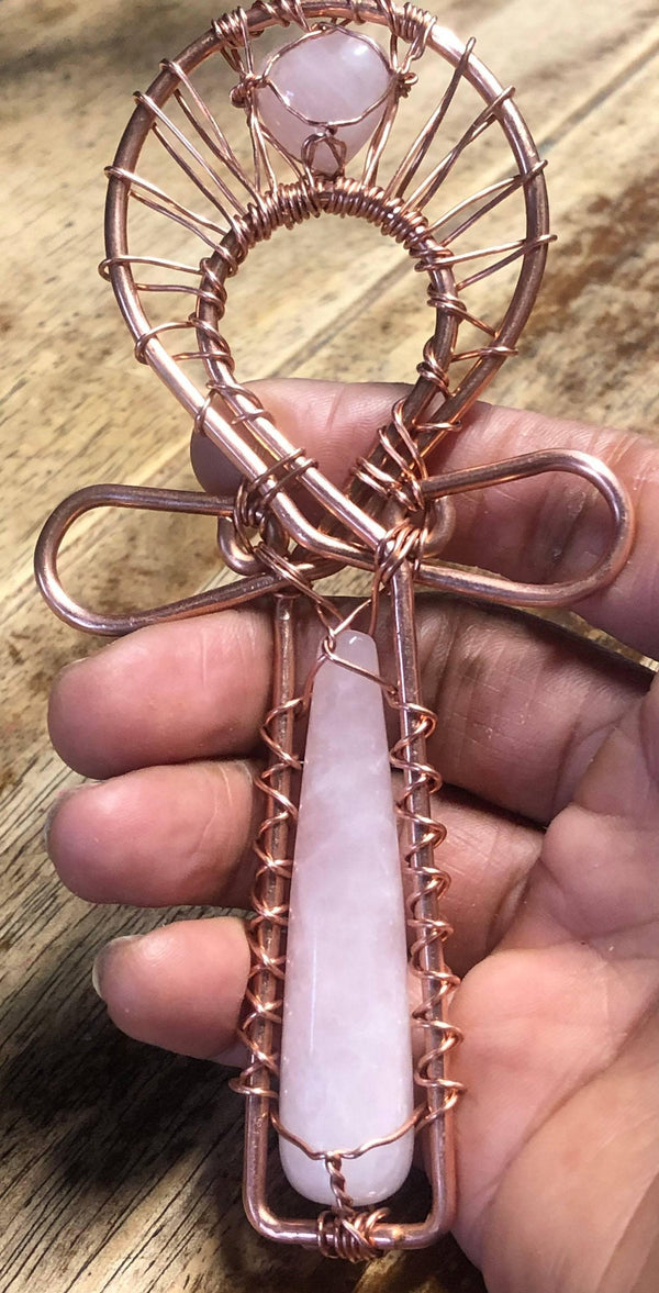 Rose Quartz Wand and Heart Copper Pocket Ankh 5 1/2 x 2 1/2 inch Egyptian Kemetic Ankh - Infinite Treasures, LLC