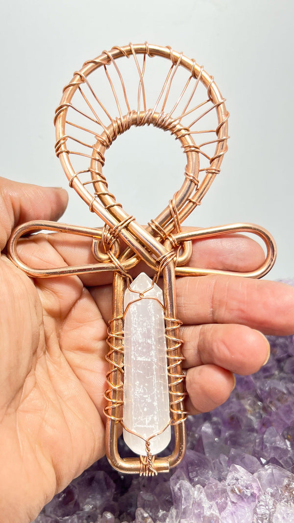 Selenite crystal POCKET Ankh copper wirewrapped sacred geometry Ankh - Infinite Treasures, LLC 