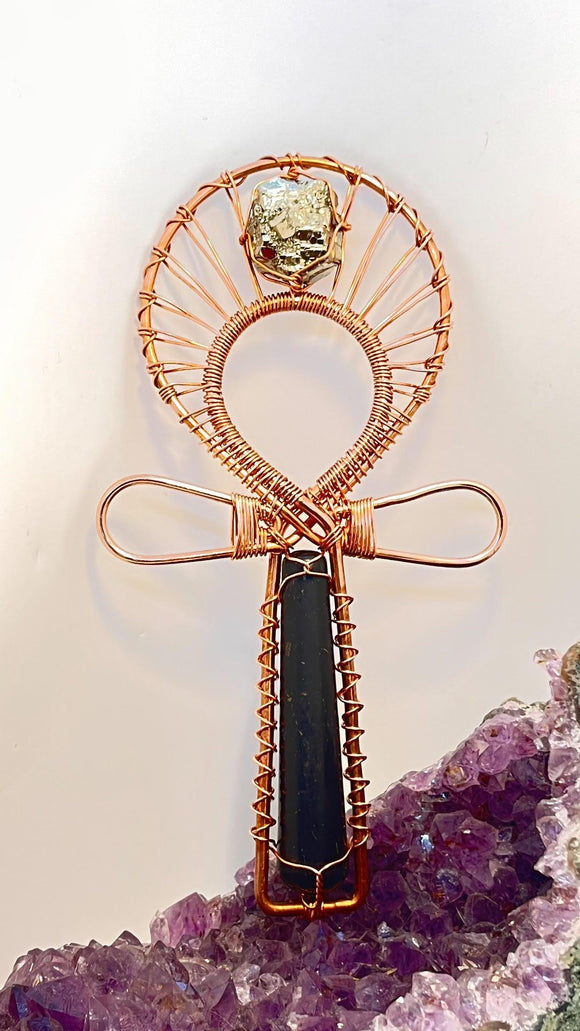 Shungite and Pyrite Copper Handheld Ankh - Infinite Treasures, LLC