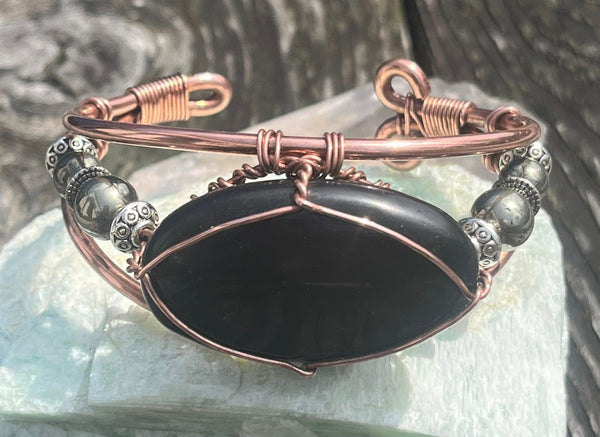 Shungite and Pyrite Copper Melanin Affinity Crystal Synergy Wirewrapped Bracelet - Infinite Treasures, LLC