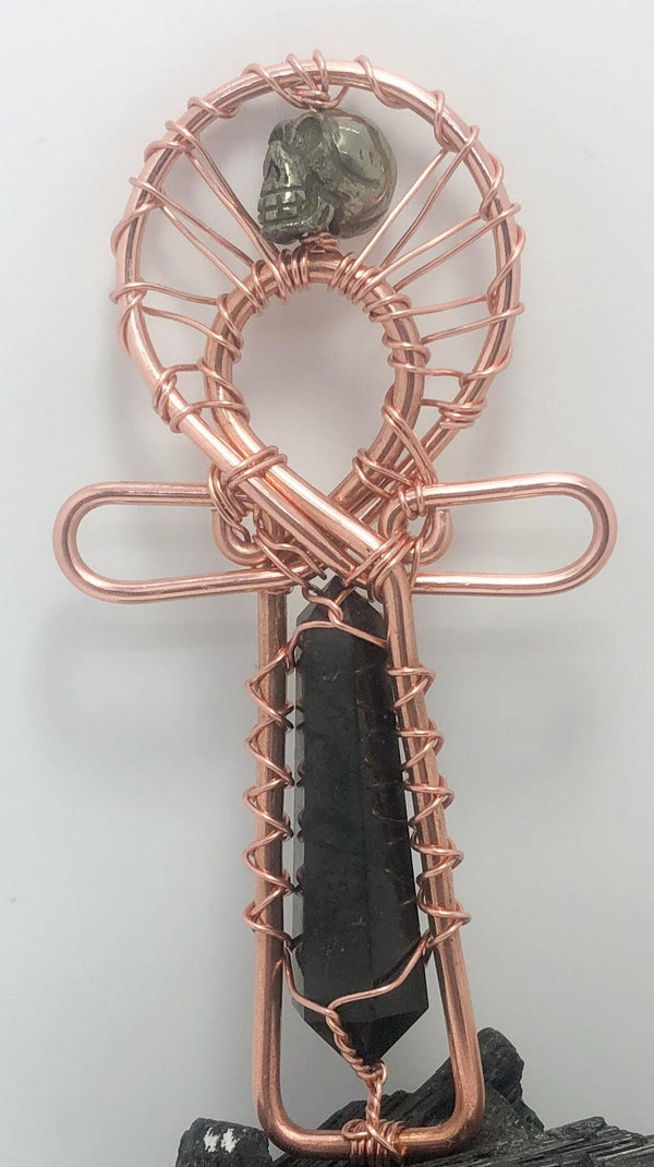 Shungite and Pyrite Skull Copper POCKET Ankh - Infinite Treasures, LLC