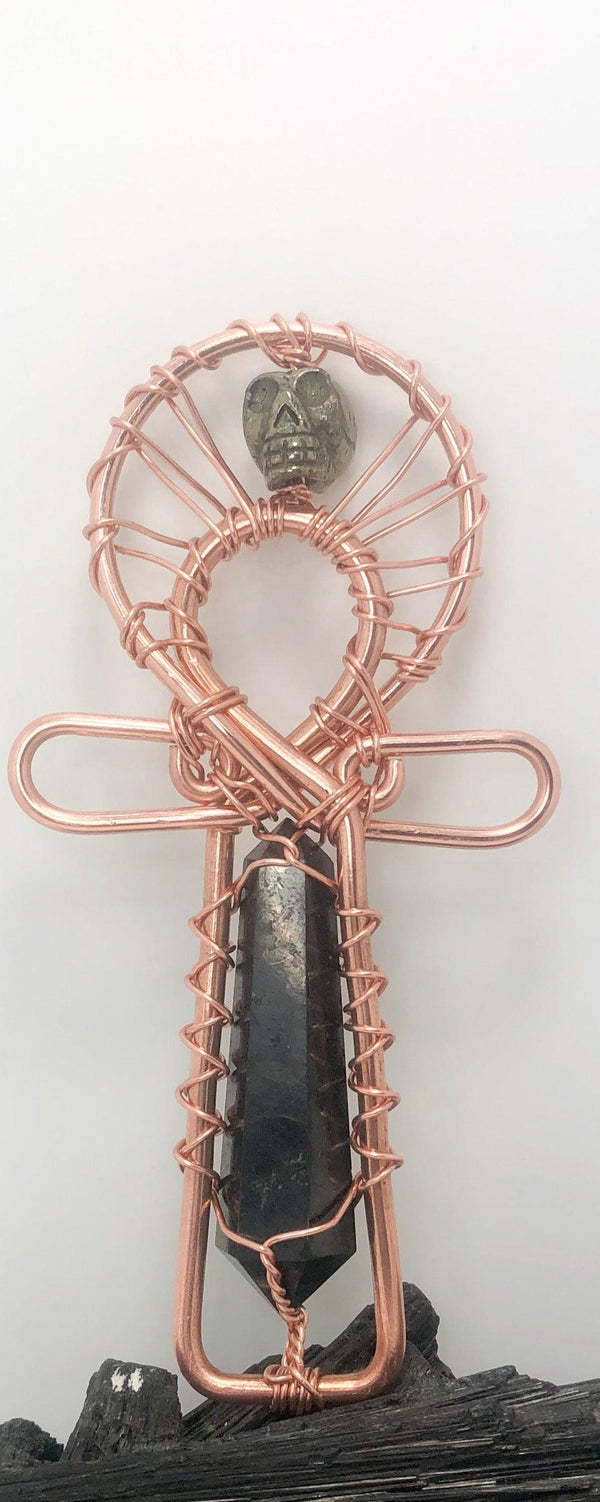 Shungite and Pyrite Skull Copper POCKET Ankh - Infinite Treasures, LLC