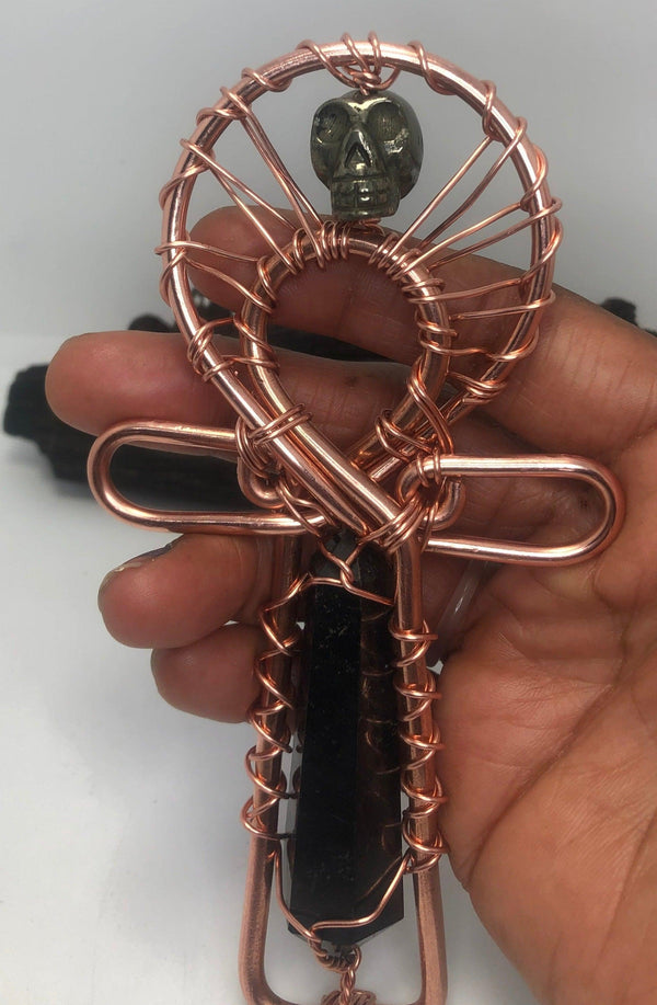 Shungite and Pyrite Skull Copper POCKET Ankh - Infinite Treasures, LLC