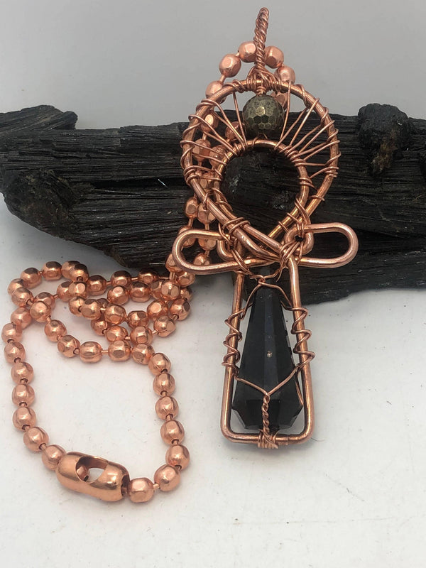 Melanin Trinity of Affinity Pyrite faceted,Shungite Vogel, Copper Egyptian Kemetic Coptic Cross  Ankh Wirewrapped Wearable Pendant Necklace - Infinite Treasures, LLC