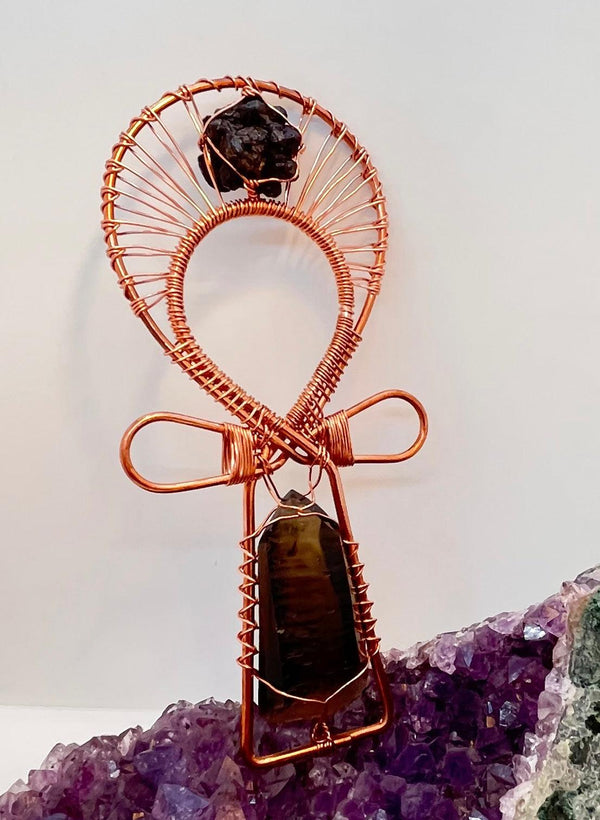 Smoky Lemurian Seed Quartz Crystal and Prophecy Stone Handheld Copper Ankh - Infinite Treasures, LLC