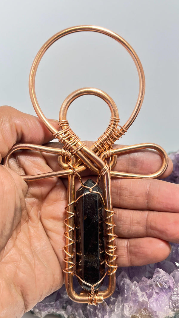 Smoky or Clear Quartz Crystal copper POCKET Ankh - Infinite Treasures, LLC