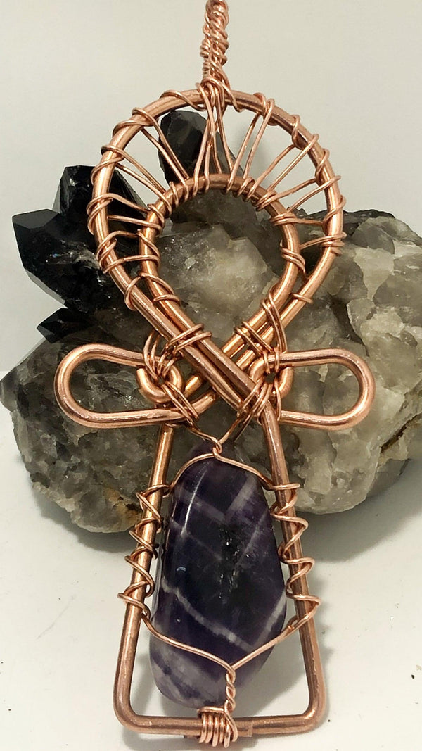 CHECVRON, AMETHyst, necklace, ankh, pendant, infinite, treasures,emf, 5g protection, crystal, ankh