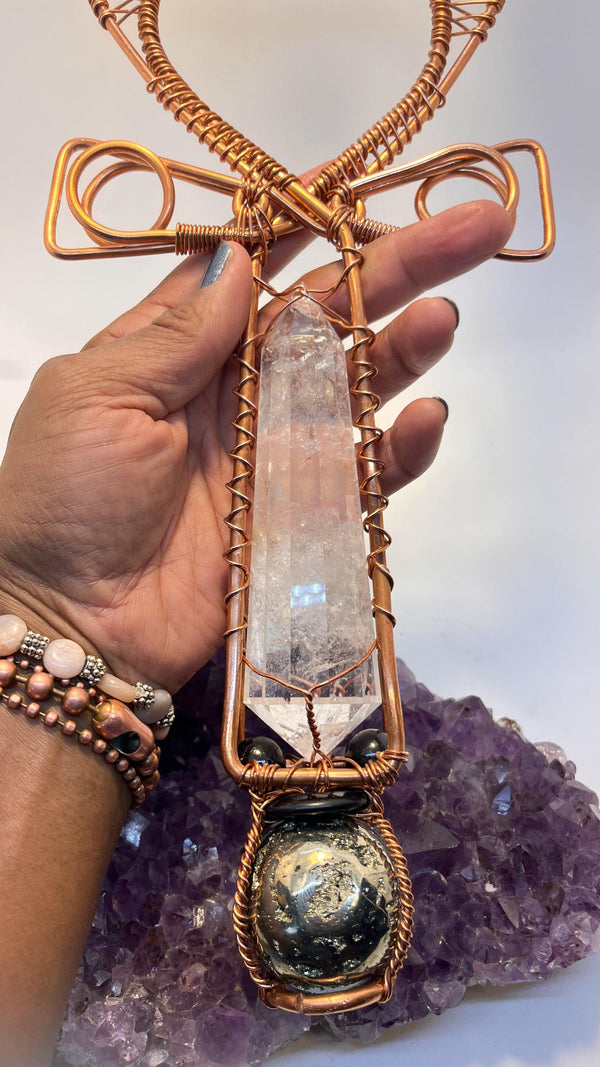 Vogel Quartz Crystal, Malachite Sphere, Shangaan Amethyst, Namibian Citrine, Shungite disc, Hypersthene and Pyrite Sphere Copper Ankh - Infinite Treasures, LLC